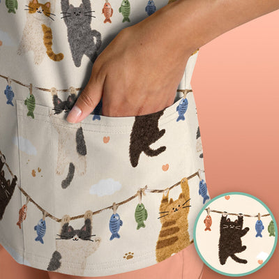 Cute Hanging Cat Fishline Pattern Scrub Top, Comfortable Scrubs for Nurses