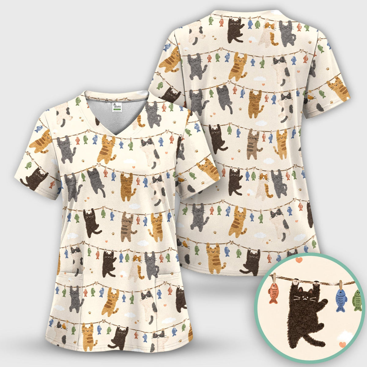 Cute Hanging Cat Fishline Pattern Scrub Top, Comfortable Scrubs for Nurses