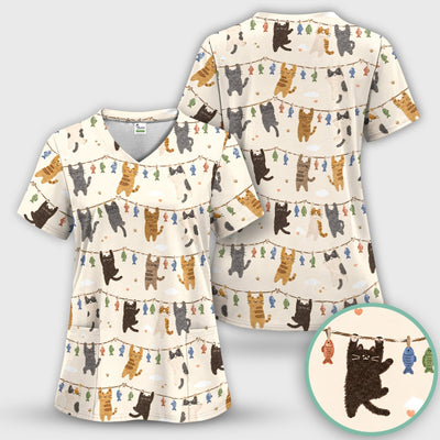 Cute Hanging Cat Fishline Pattern Scrub Top, Comfortable Scrubs for Nurses