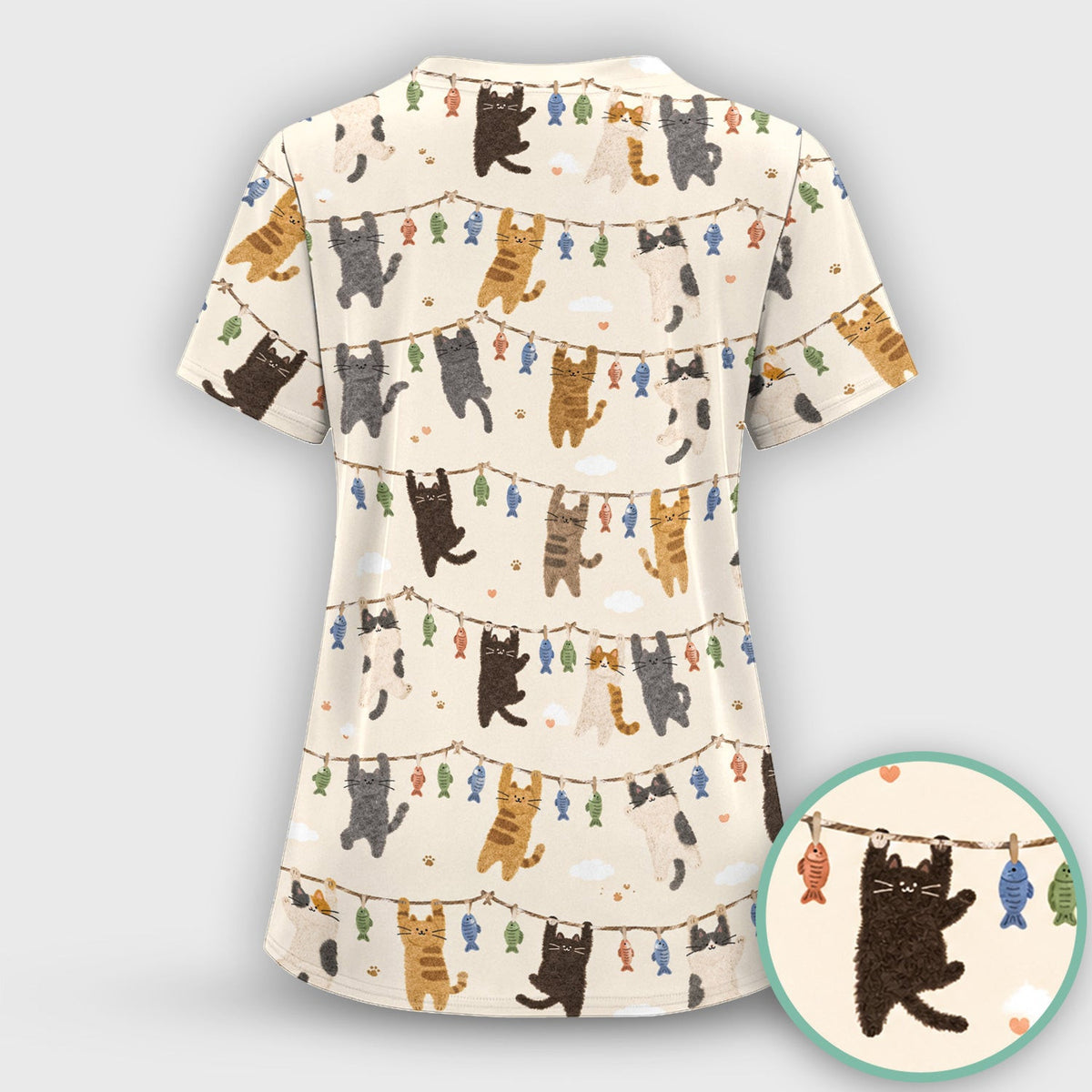 Cute Hanging Cat Fishline Pattern Scrub Top, Comfortable Scrubs for Nurses
