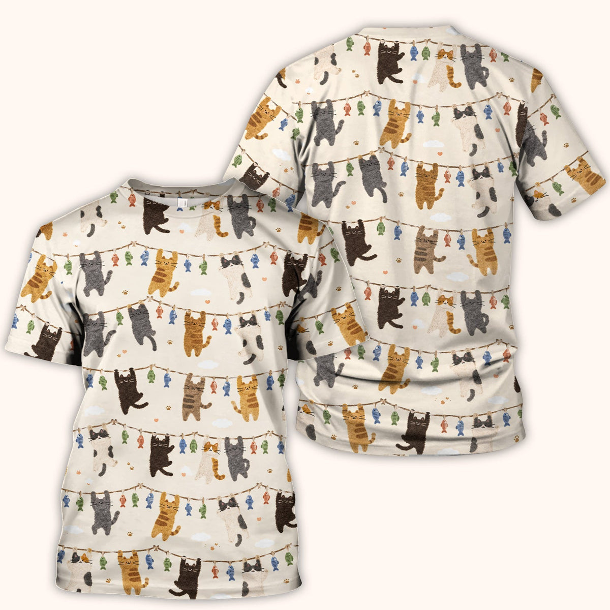 Cute Hanging Cat Fishline Pattern Scrub Top, Comfortable Scrubs for Nurses