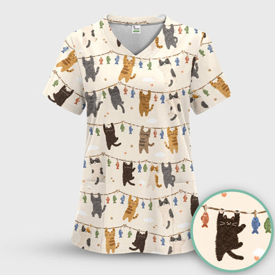Cute Hanging Cat Fishline Pattern Scrub Top, Comfortable Scrubs for Nurses