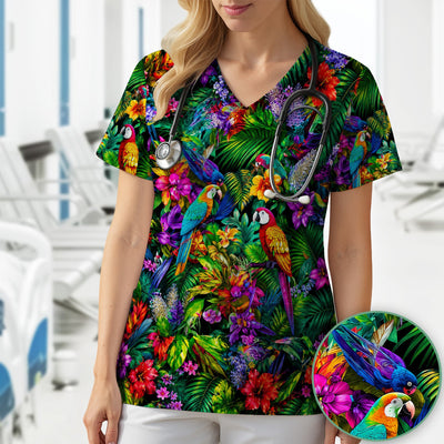 Tropical Parrot Jungle Blossom Pattern Scrub Top, Comfortable Scrubs for Nurses
