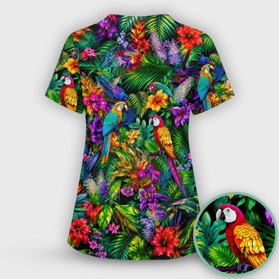 Tropical Parrot Jungle Blossom Pattern Scrub Top, Comfortable Scrubs for Nurses