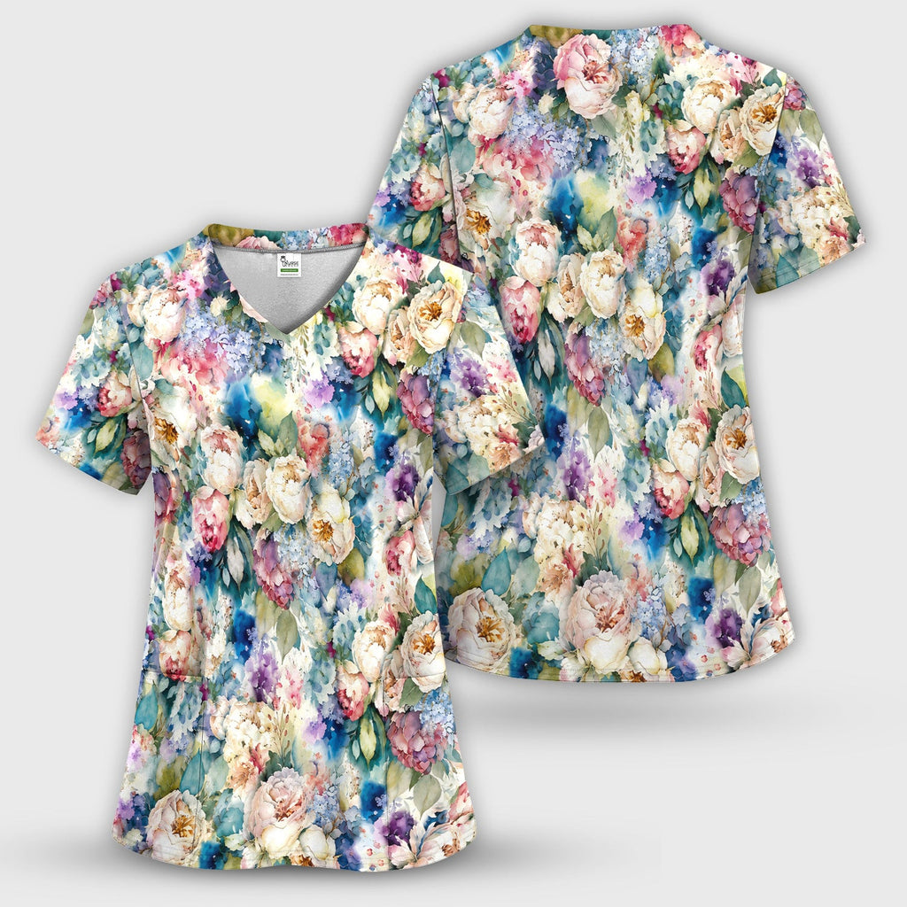 Watercolor Peony Hydrangea Floral Print Scrub Top, Comfortable Scrubs for Nurses