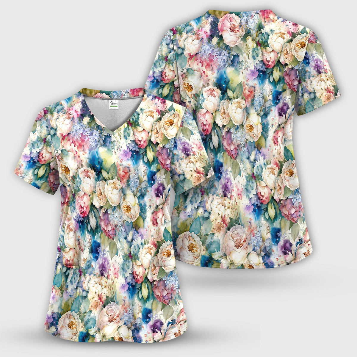 Watercolor Peony Hydrangea Floral Print Scrub Top, Comfortable Scrubs for Nurses