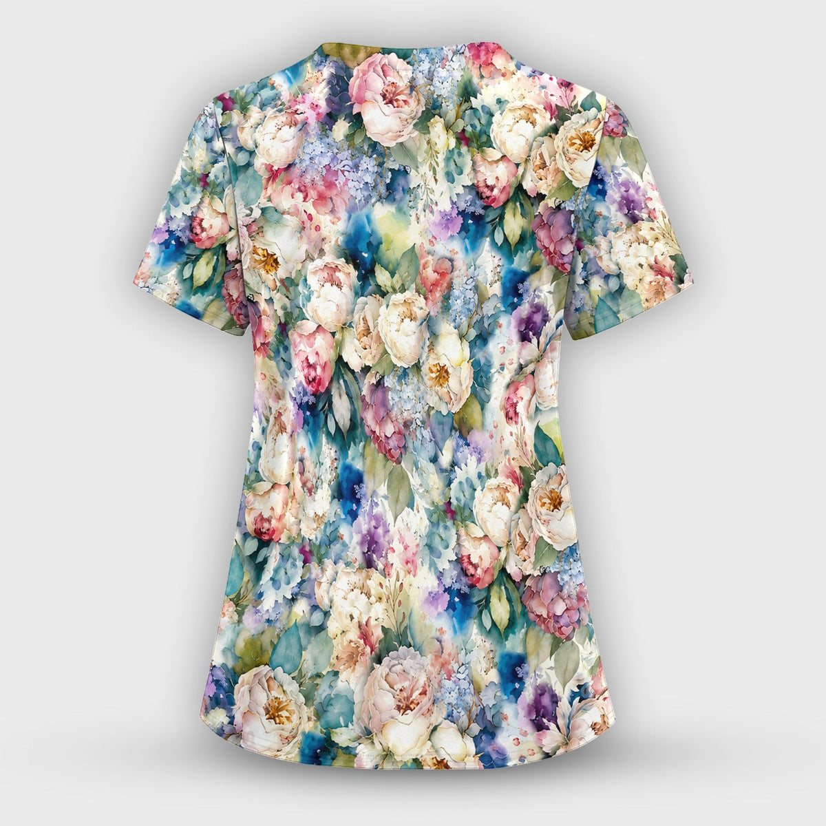 Watercolor Peony Hydrangea Floral Print Scrub Top, Comfortable Scrubs for Nurses