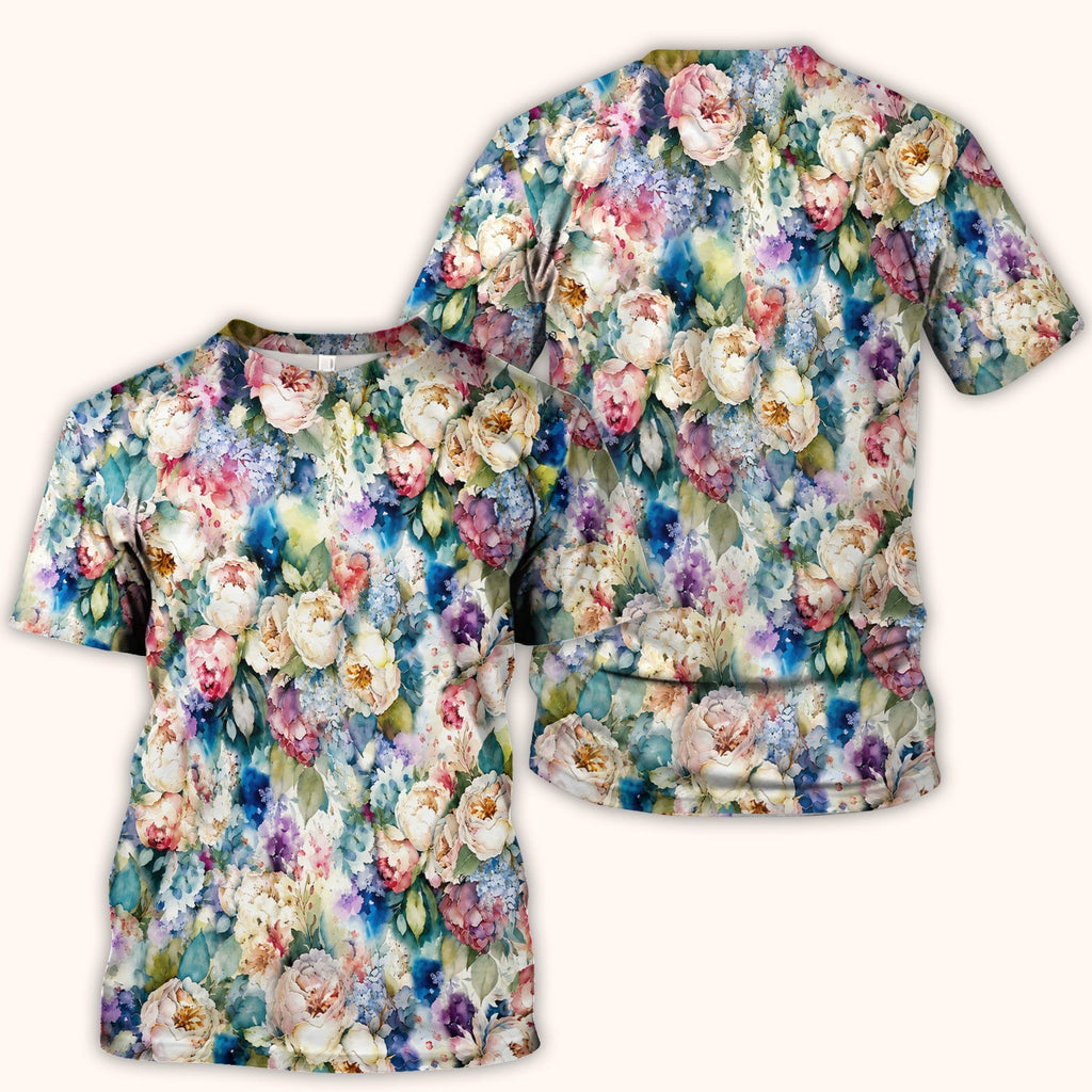 Watercolor Peony Hydrangea Floral Print Scrub Top, Comfortable Scrubs for Nurses