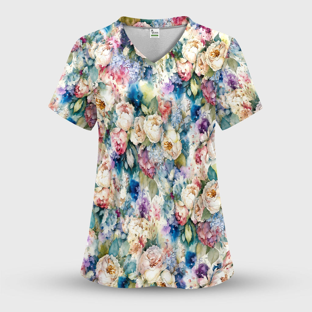 Watercolor Peony Hydrangea Floral Print Scrub Top, Comfortable Scrubs for Nurses