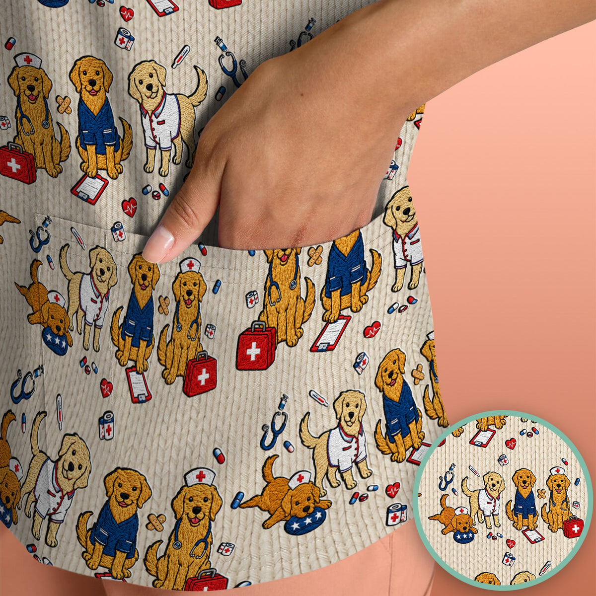 Golden Retriever Nurse Dog Pattern Scrub Top, Breathable Fabrics Nursing Uniform Scrub Top, Comfortable Scrubs for Nurses