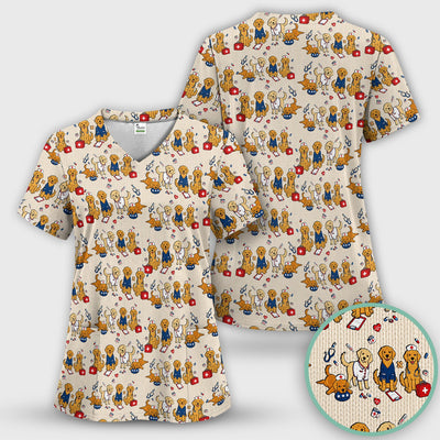 Golden Retriever Nurse Dog Pattern Scrub Top, Breathable Fabrics Nursing Uniform Scrub Top, Comfortable Scrubs for Nurses