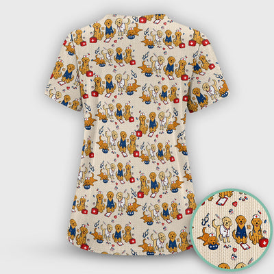 Golden Retriever Nurse Dog Pattern Scrub Top, Breathable Fabrics Nursing Uniform Scrub Top, Comfortable Scrubs for Nurses