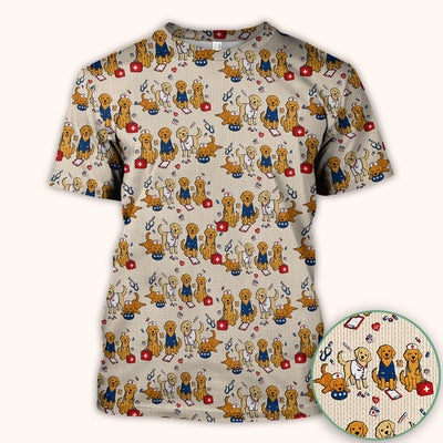 Golden Retriever Nurse Dog Pattern Scrub Top, Breathable Fabrics Nursing Uniform Scrub Top, Comfortable Scrubs for Nurses