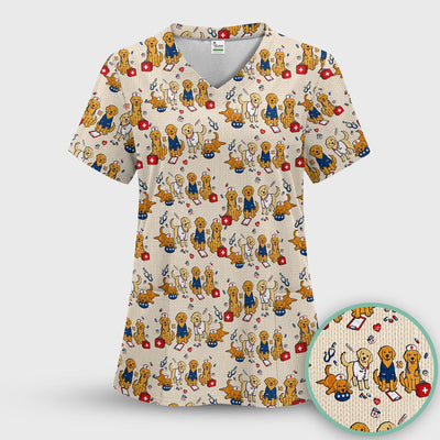 Golden Retriever Nurse Dog Pattern Scrub Top, Breathable Fabrics Nursing Uniform Scrub Top, Comfortable Scrubs for Nurses