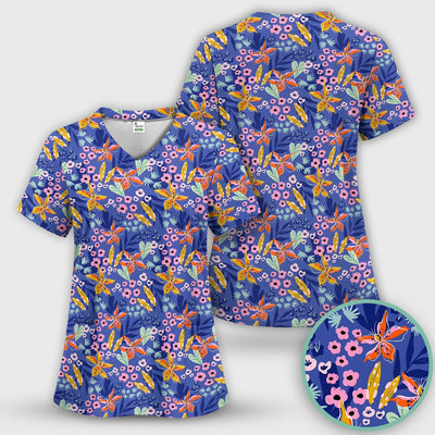 Nurse Blue Lily Floral Garden Pattern Scrub Top, Comfortable Scrubs for Nurses