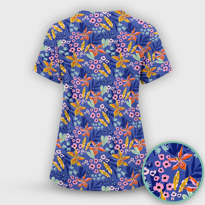 Nurse Blue Lily Floral Garden Pattern Scrub Top, Comfortable Scrubs for Nurses