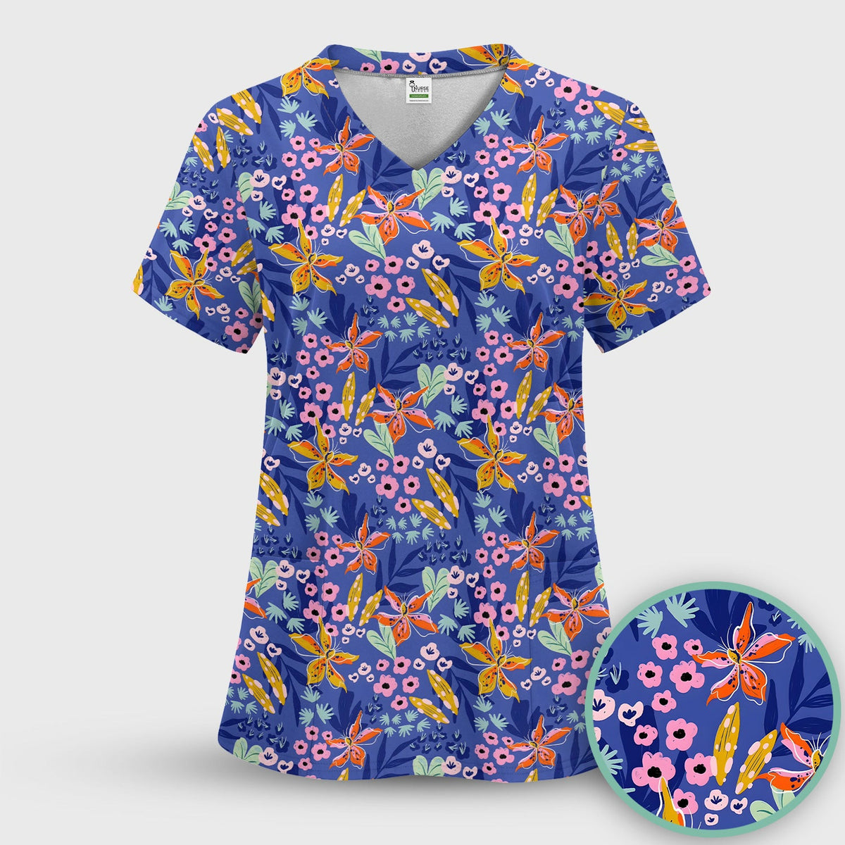 Nurse Blue Lily Floral Garden Pattern Scrub Top, Comfortable Scrubs for Nurses