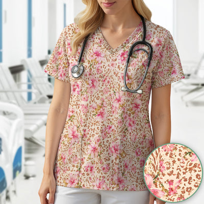 Pink Floral Leopard Print Pattern Scrub Top, Comfortable Scrubs for Nurses