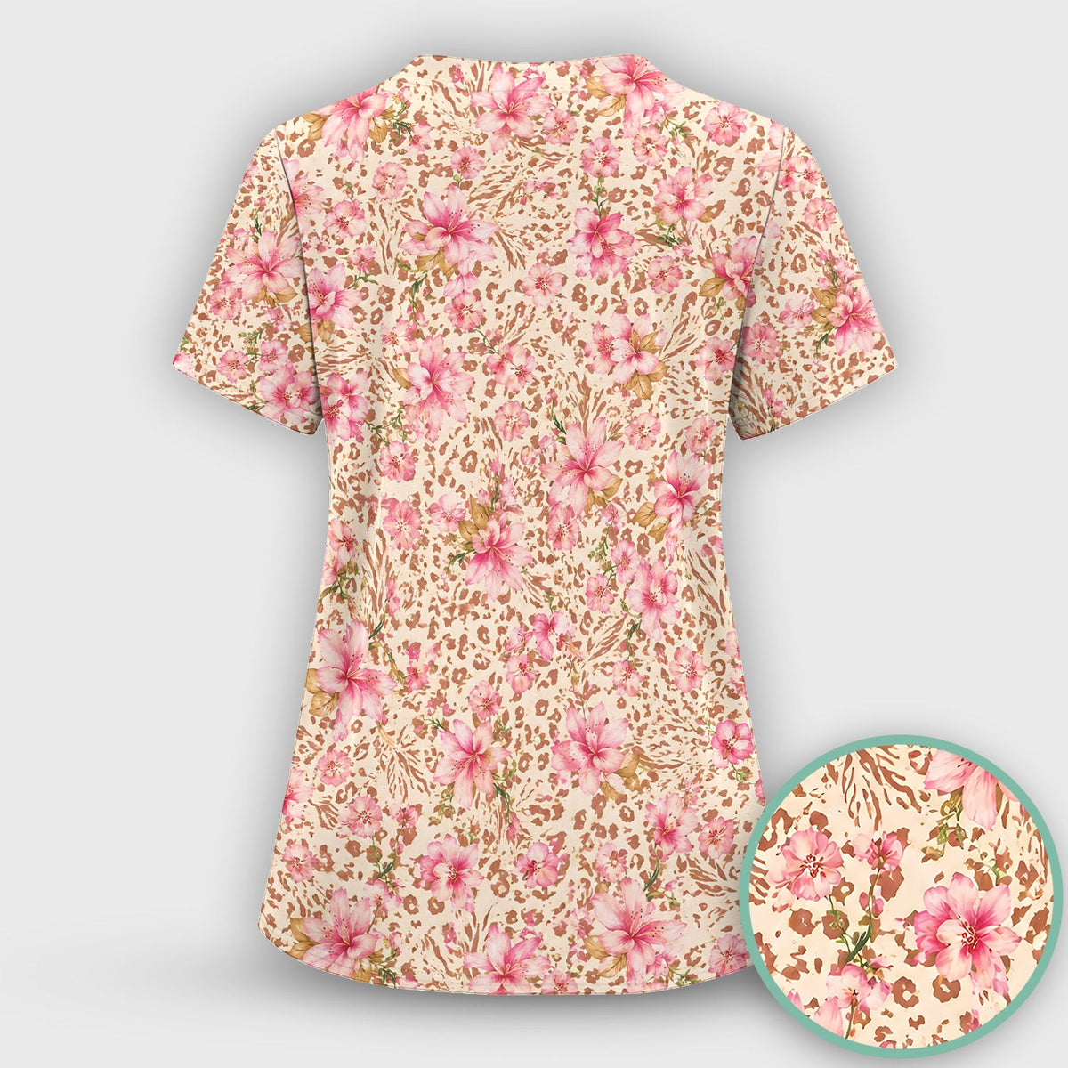 Pink Floral Leopard Print Pattern Scrub Top, Comfortable Scrubs for Nurses