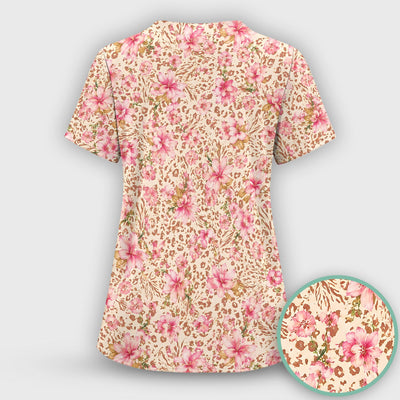 Pink Floral Leopard Print Pattern Scrub Top, Comfortable Scrubs for Nurses