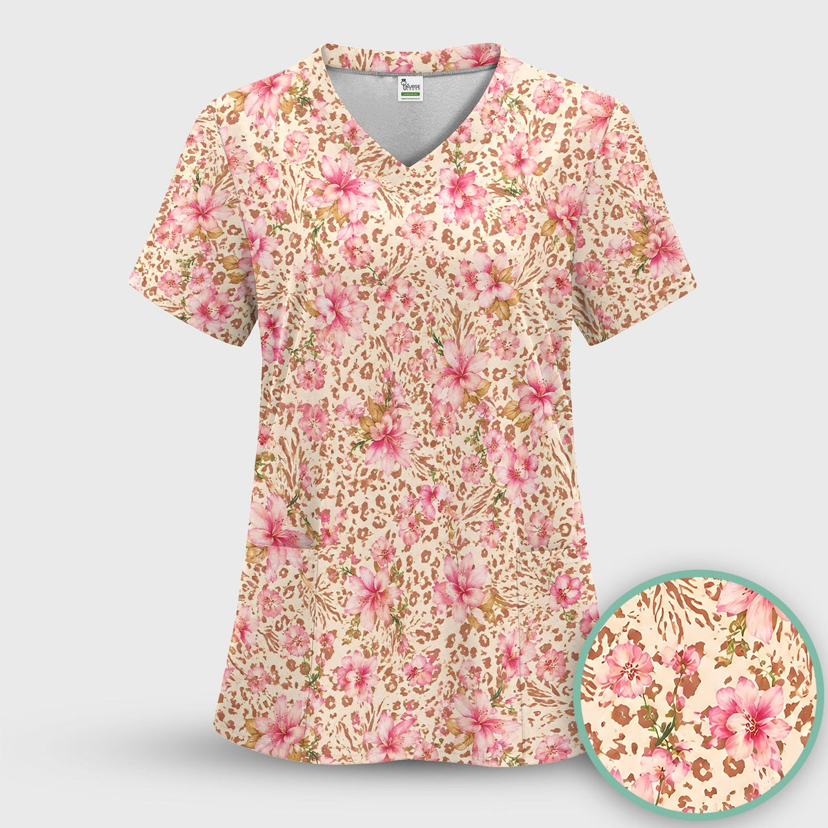 Pink Floral Leopard Print Pattern Scrub Top, Comfortable Scrubs for Nurses