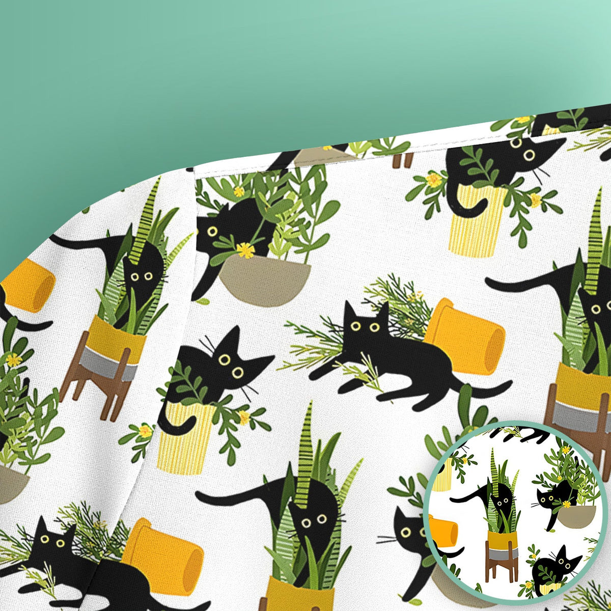 Black Cat Plant Pots Pattern Scrub Top, Comfortable Scrubs for Nurses