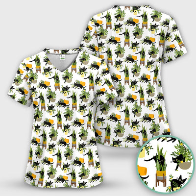 Black Cat Plant Pots Pattern Scrub Top, Comfortable Scrubs for Nurses