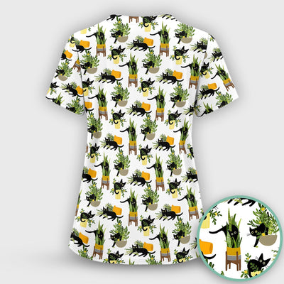 Black Cat Plant Pots Pattern Scrub Top, Comfortable Scrubs for Nurses
