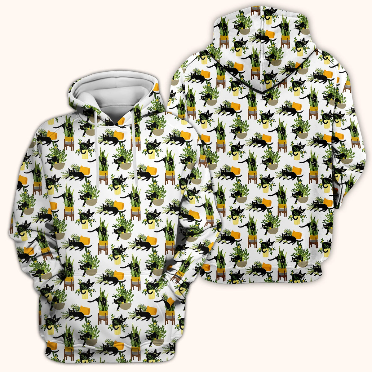 Black Cat Plant Pots Pattern Scrub Top, Comfortable Scrubs for Nurses