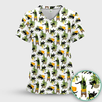 Black Cat Plant Pots Pattern Scrub Top, Comfortable Scrubs for Nurses