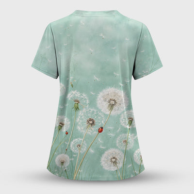 Dandelion Wishes Ladybug Meadow Pattern Scrub Top, Comfortable Scrubs for Nurses