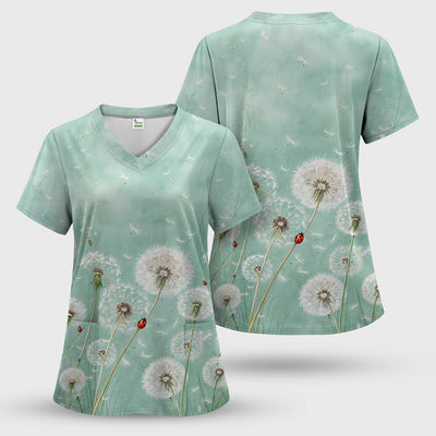 Dandelion Wishes Ladybug Meadow Pattern Scrub Top, Comfortable Scrubs for Nurses