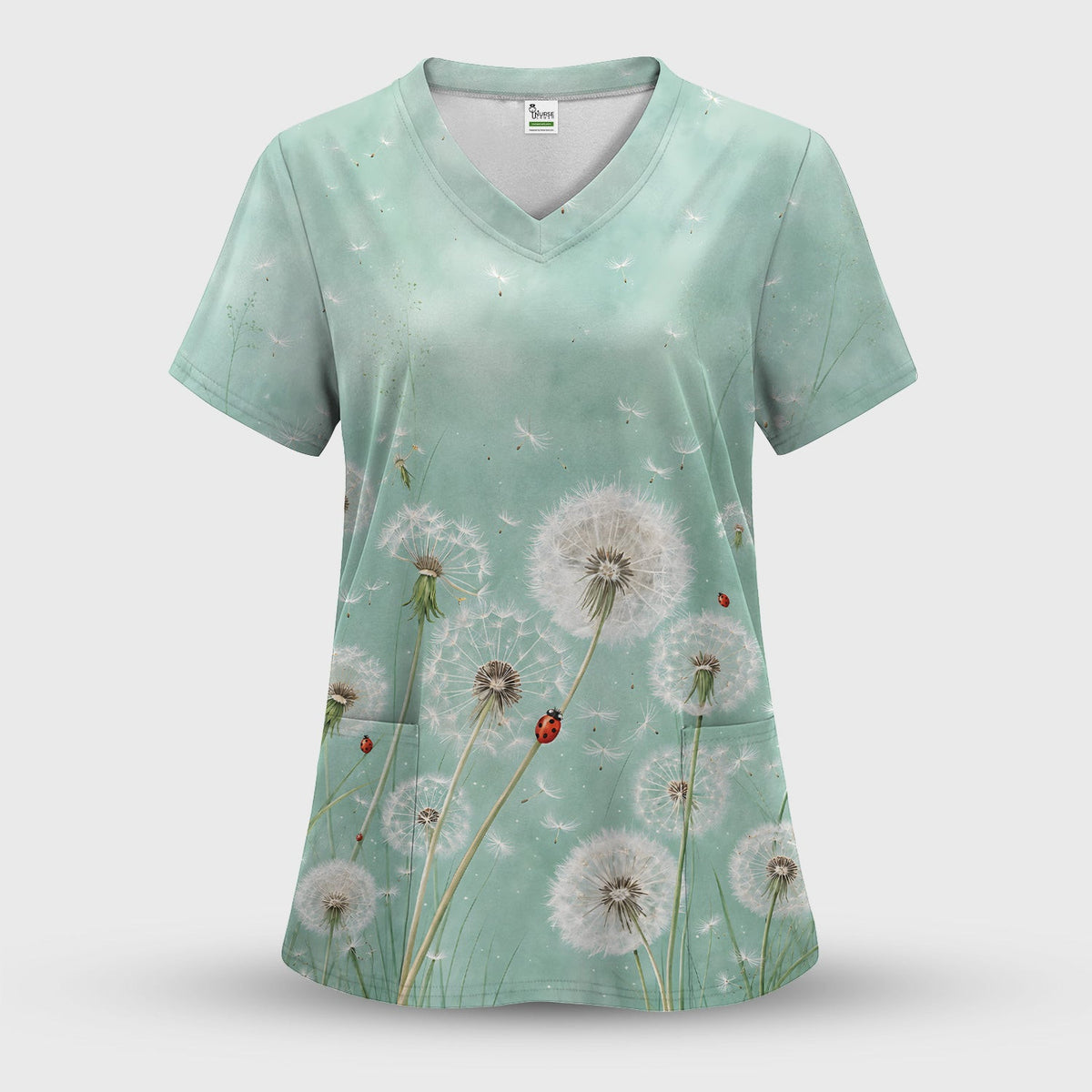 Dandelion Wishes Ladybug Meadow Pattern Scrub Top, Comfortable Scrubs for Nurses