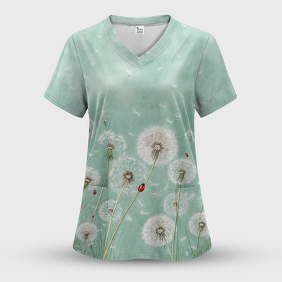 Dandelion Wishes Ladybug Meadow Pattern Scrub Top, Comfortable Scrubs for Nurses
