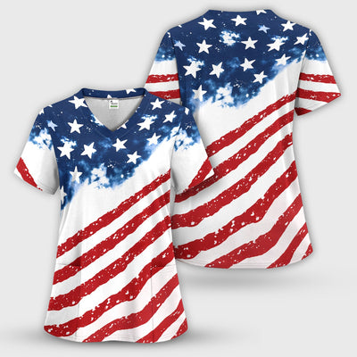 USA Stars And Stripes Pattern Scrub Top, Comfortable Scrubs for Nurses