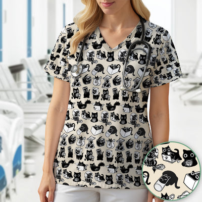 Black Cat Halloween Doodle Pattern Scrub Top, Comfortable Scrubs for Nurses