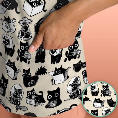 Black Cat Halloween Doodle Pattern Scrub Top, Comfortable Scrubs for Nurses