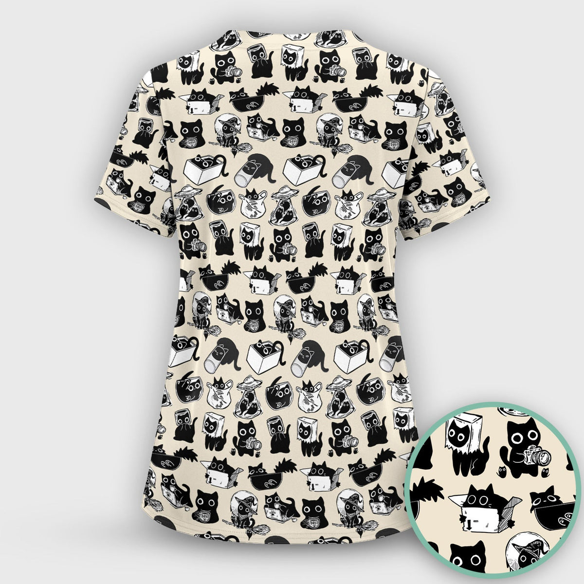 Black Cat Halloween Doodle Pattern Scrub Top, Comfortable Scrubs for Nurses