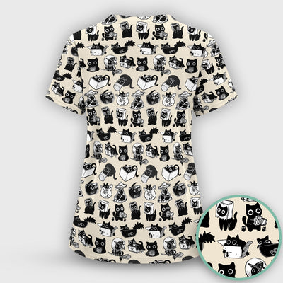 Black Cat Halloween Doodle Pattern Scrub Top, Comfortable Scrubs for Nurses