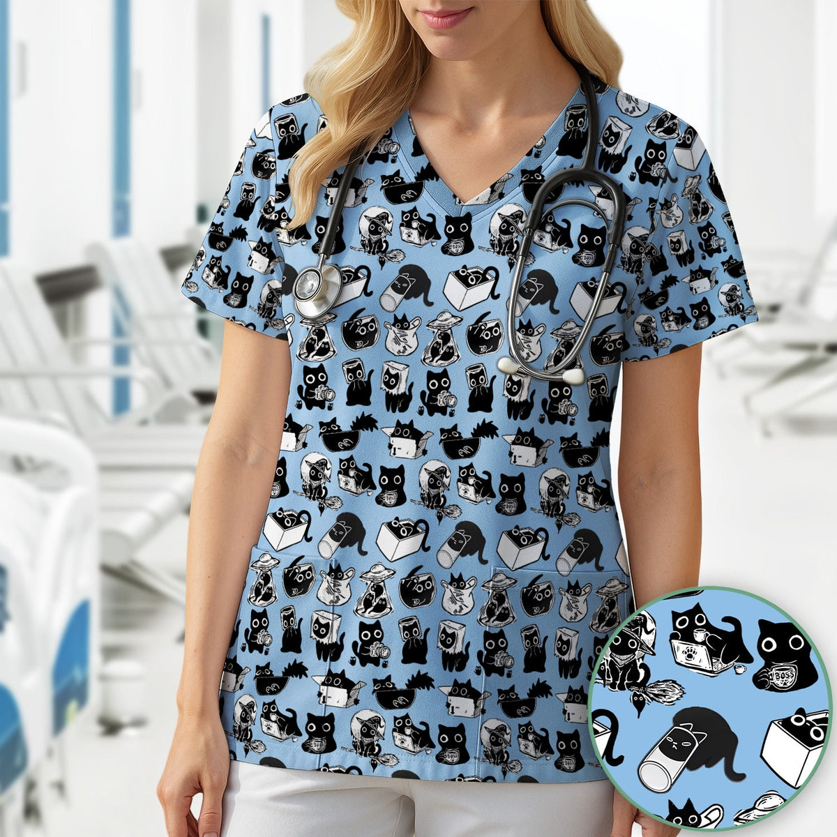 Black Cat Halloween Doodle Pattern Scrub Top, Comfortable Scrubs for Nurses