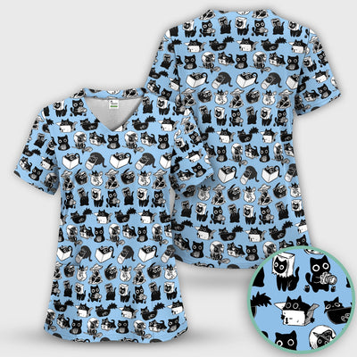 Black Cat Halloween Doodle Pattern Scrub Top, Comfortable Scrubs for Nurses