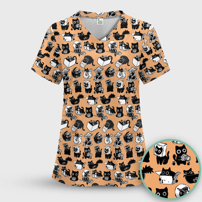 Black Cat Halloween Doodle Pattern Scrub Top, Comfortable Scrubs for Nurses