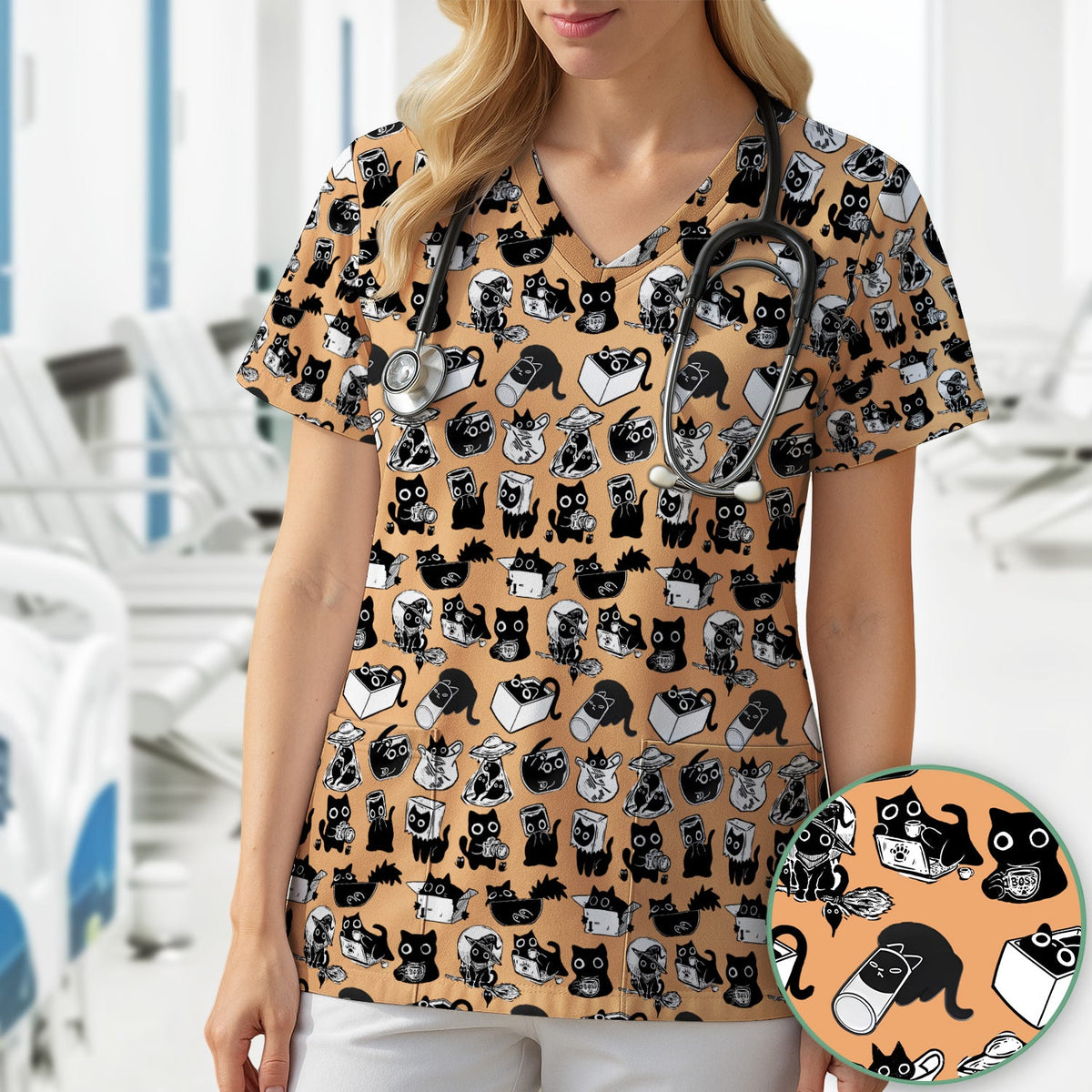 Black Cat Halloween Doodle Pattern Scrub Top, Comfortable Scrubs for Nurses