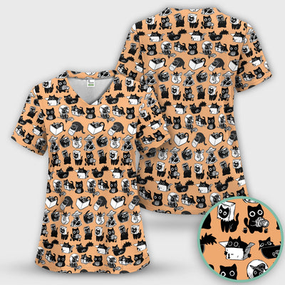Black Cat Halloween Doodle Pattern Scrub Top, Comfortable Scrubs for Nurses