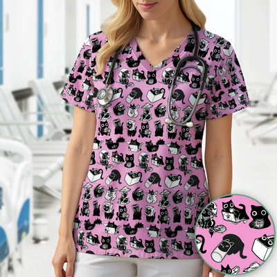 Black Cat Halloween Doodle Pattern Scrub Top, Comfortable Scrubs for Nurses