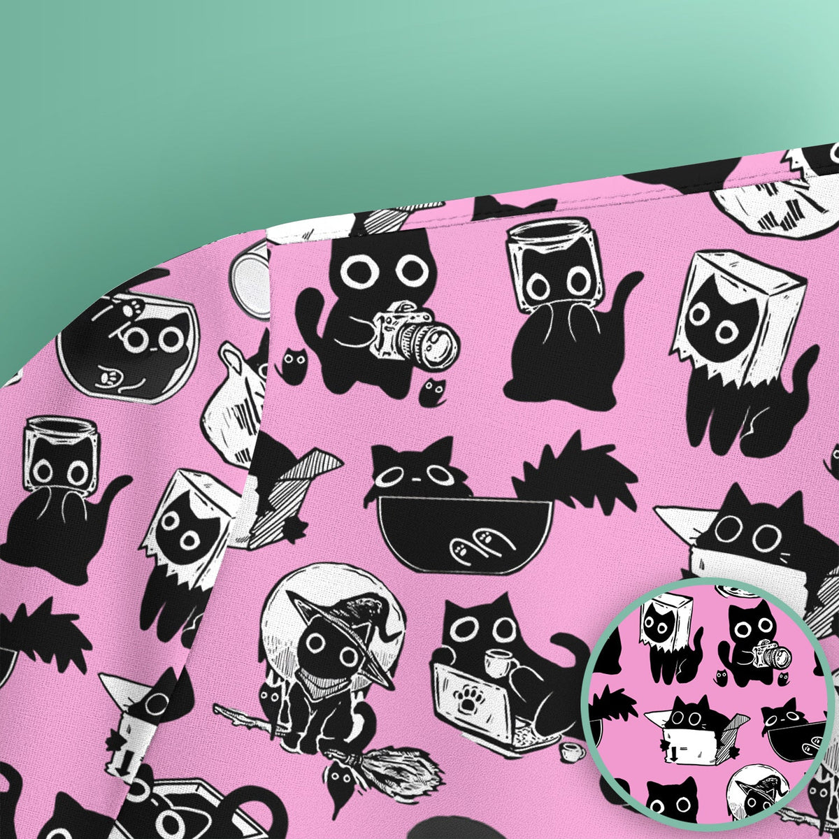 Black Cat Halloween Doodle Pattern Scrub Top, Comfortable Scrubs for Nurses