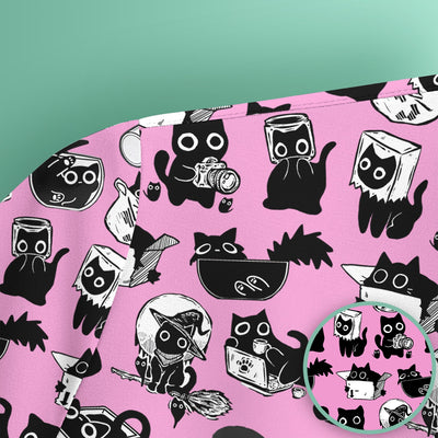 Black Cat Halloween Doodle Pattern Scrub Top, Comfortable Scrubs for Nurses