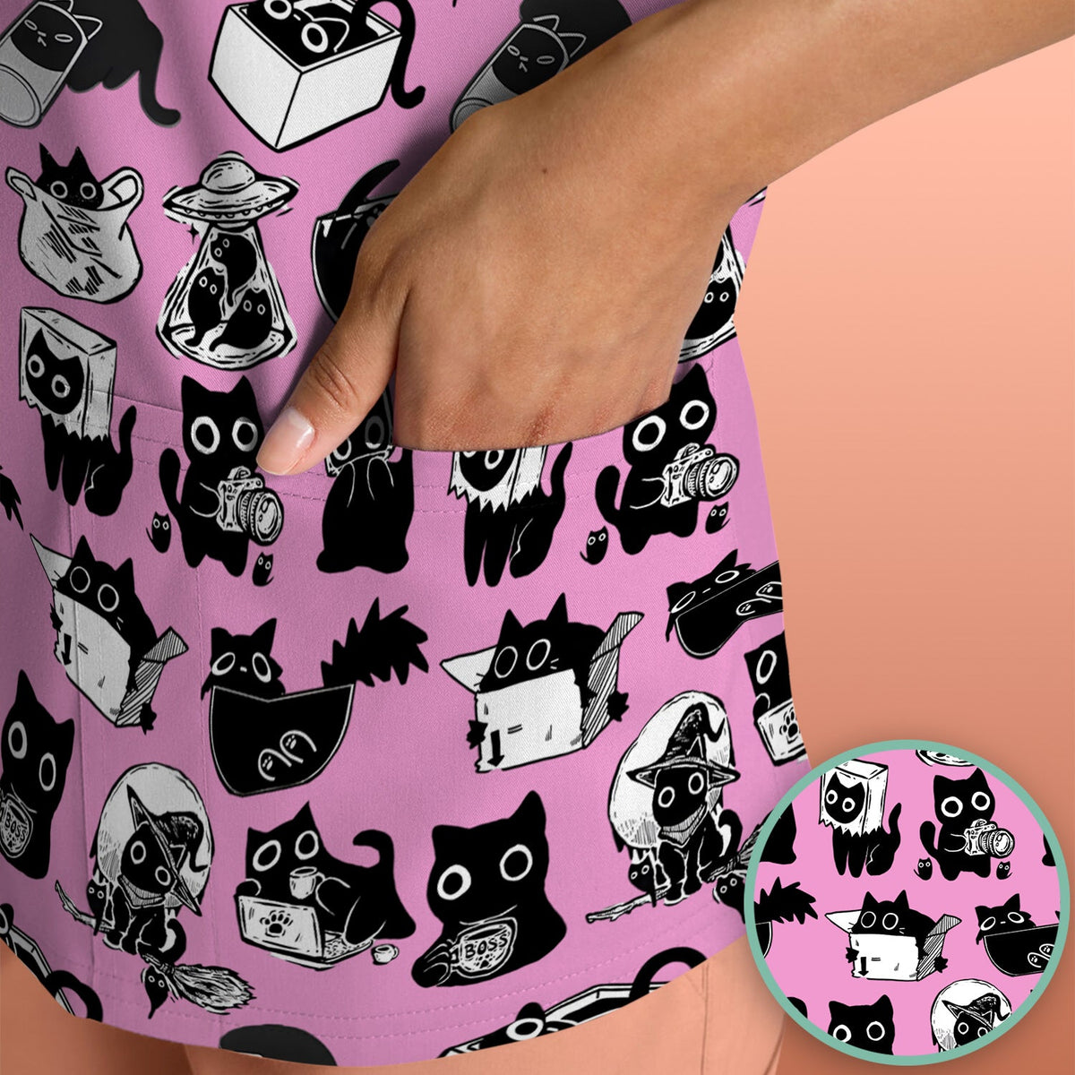 Black Cat Halloween Doodle Pattern Scrub Top, Comfortable Scrubs for Nurses