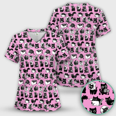 Black Cat Halloween Doodle Pattern Scrub Top, Comfortable Scrubs for Nurses