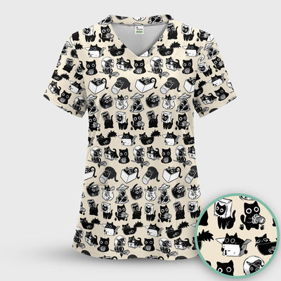Black Cat Halloween Doodle Pattern Scrub Top, Comfortable Scrubs for Nurses